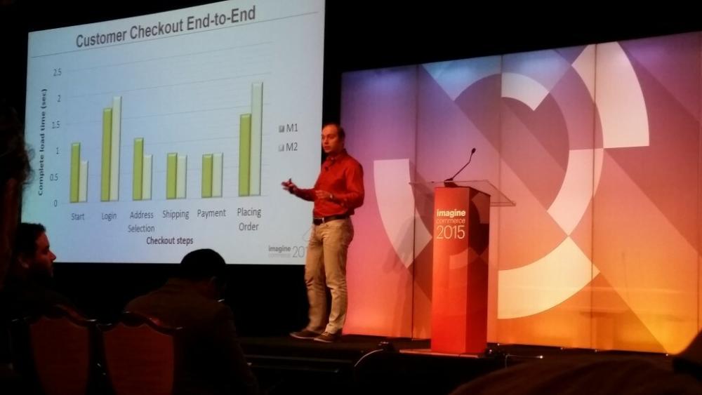 Magento 2 Deep Dive conference presenter speaking in front of a chart titled Customer Checkout End-to-End