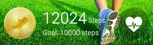 Image capture from a pedometer application showing 12,024 steps taken out of a goal of 10,000 steps.