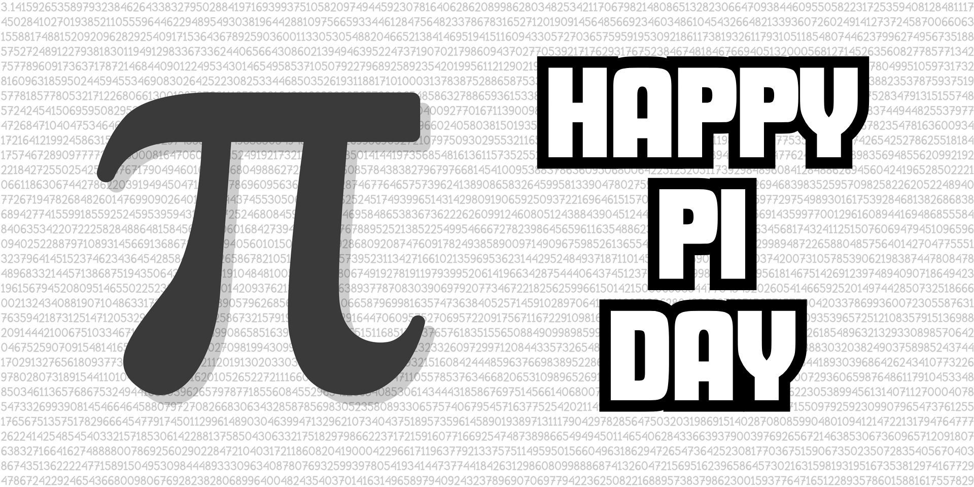 The symbol for Pi with the text Happy Pi Day next to it, with digits of Pi in the background.