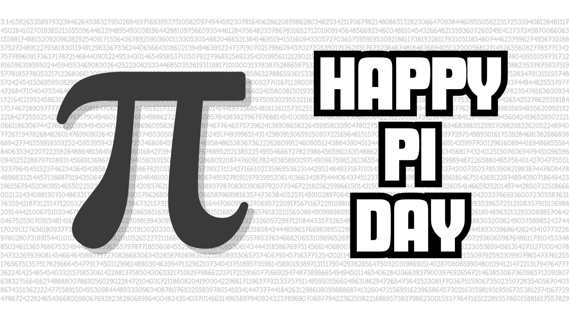 The symbol for Pi with the text Happy Pi Day next to it, with digits of Pi in the background.