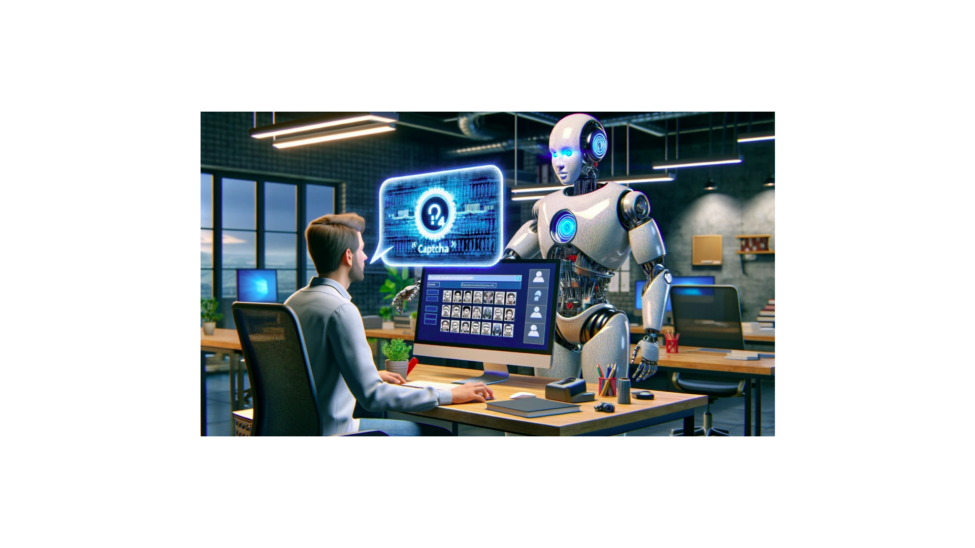 AI generated picture of a robot standing in front of a human at a futuristic desk.