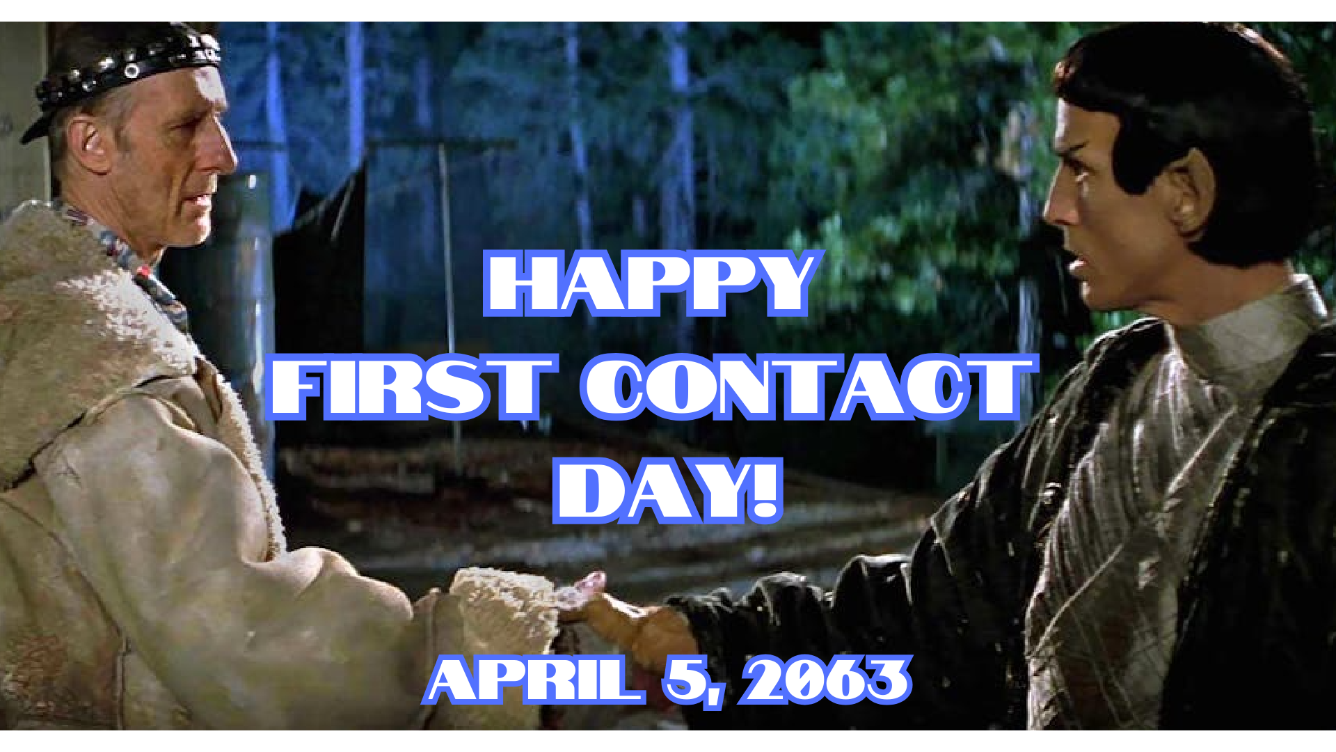 Dr. Zefram Cochrane greets a Vulcan on April 5, 2063, in this screencap from the movie Star Trek: First Contact.