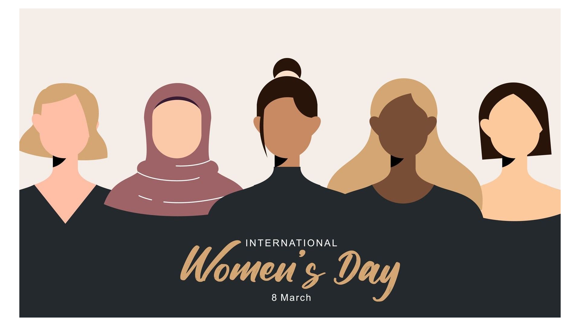 International Women's Day picture with the text International Women's Day" in front an illustration of 5 women of different nationalities. 