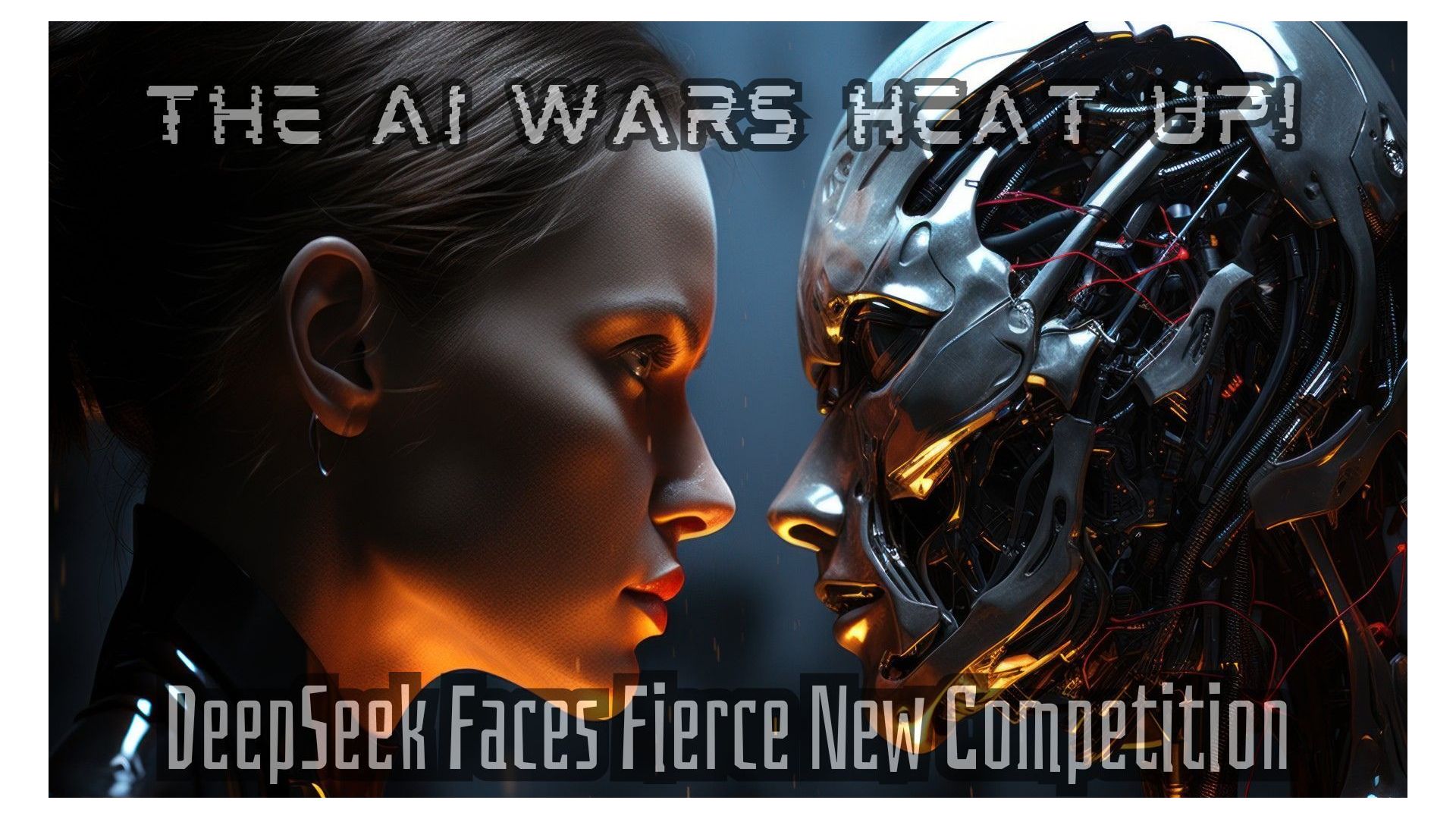 A 3D generated image of a woman eye to eye with a metal android. Across the top is the text: The AI Wars Heat Up, with text underneath that reads: DeepSeek Faces Fierce New Competition