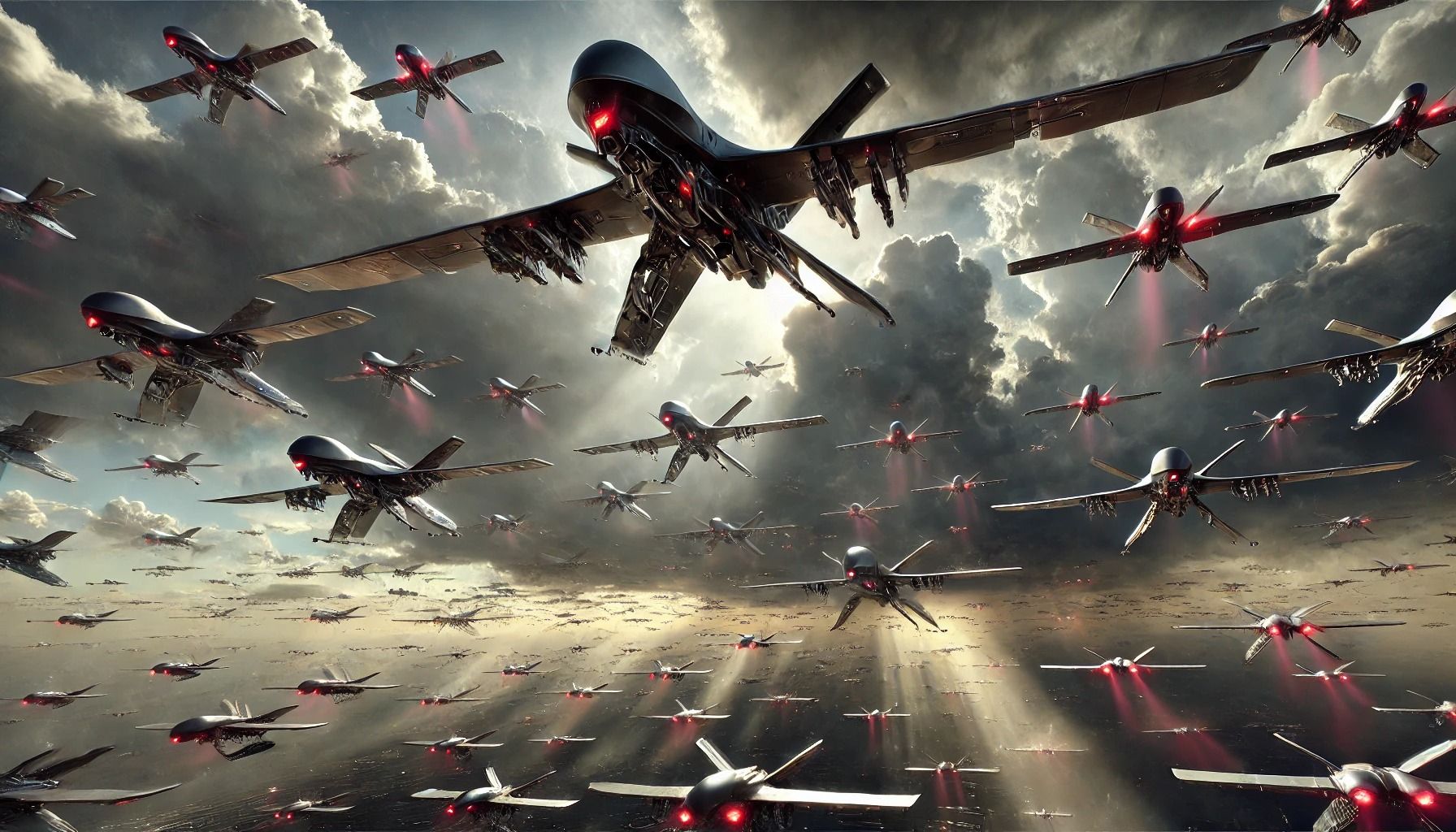 AI generated image of menacing drones in the sky.