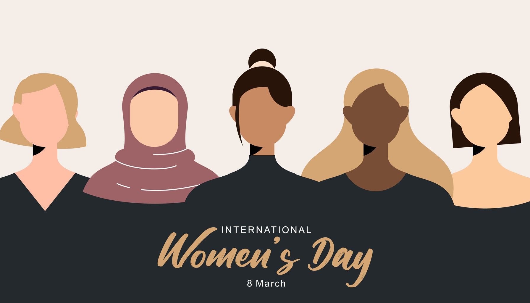 International Women's Day picture with the text International Women's Day" in front an illustration of 5 women of different nationalities. 