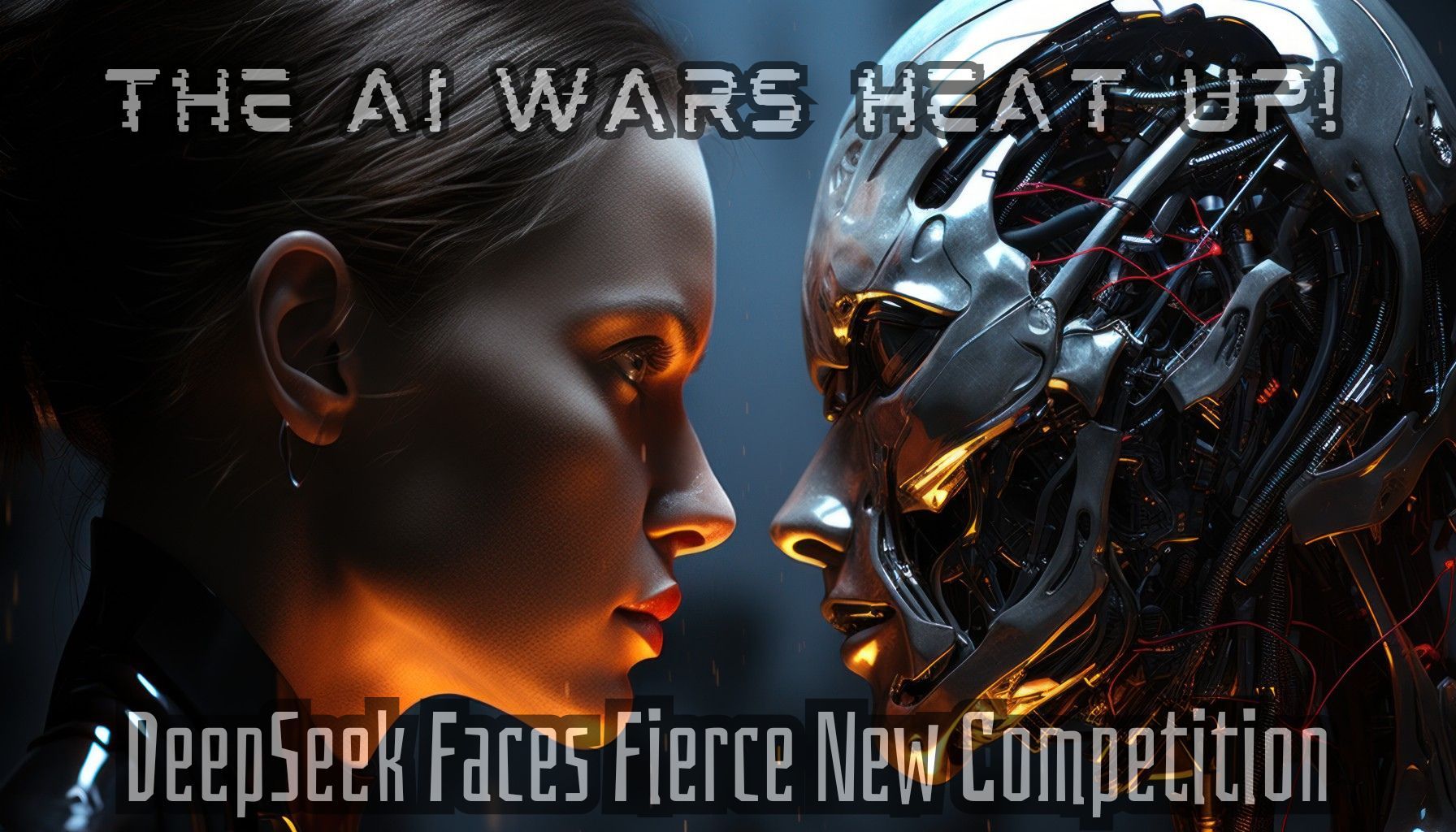 A 3D generated image of a woman eye to eye with a metal android. Across the top is the text: The AI Wars Heat Up, with text underneath that reads: DeepSeek Faces Fierce New Competition